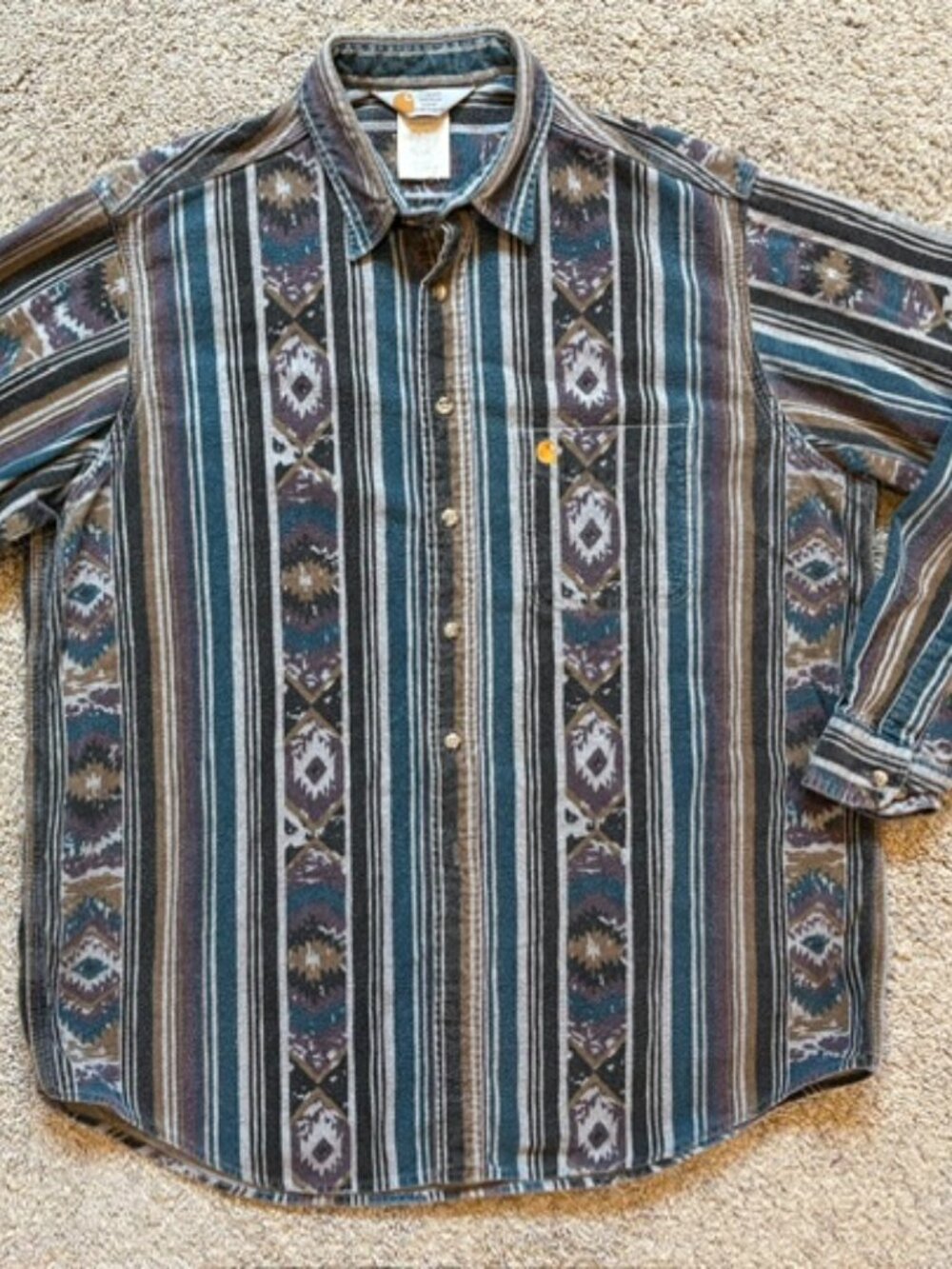 Carhartt Rugged Southwestern Aztec Button Down Flannel Shirt 90's Vintage XL